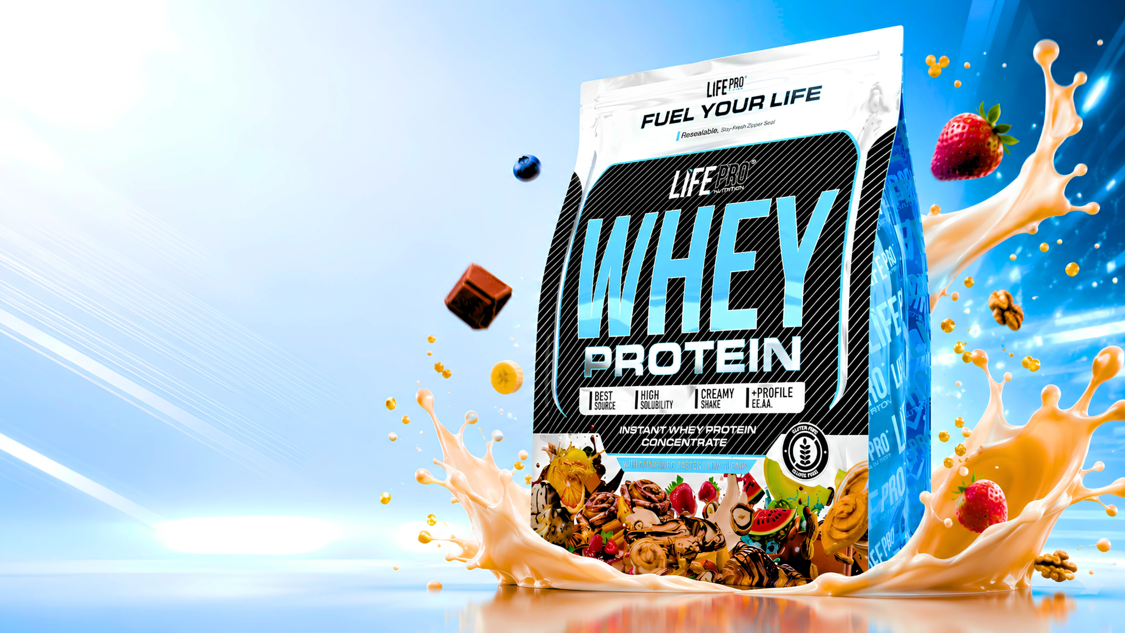 Bote de proteína whey con frutos rojos y chocolate